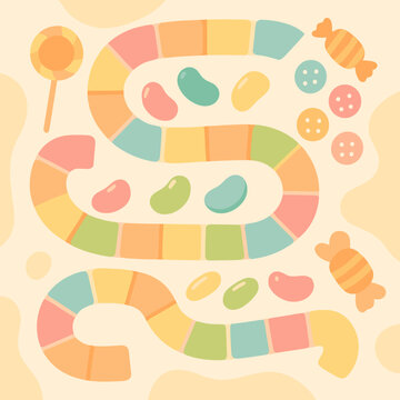 Colorful candy-themed game board design with jelly beans and sweets elements copy space