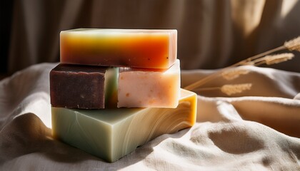 stack of natural artisan soaps resting on soft linen fabric with gentle sunlight creating serene shadows