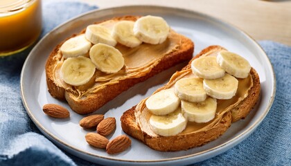 healthy breakfast with banana peanut butter toast and almonds for nutritious start