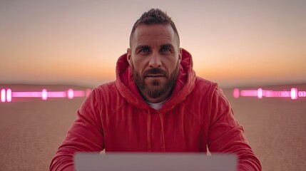 Man in red hoodie working on laptop against a sunset sky background