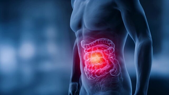 Medical animation showing a 3d model of the human digestive system with inflamed intestines, representing abdominal pain, bowel disease, cancer, or infection on a blue background