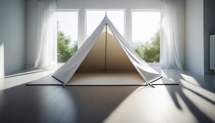blank triangular table tent on smooth surface in bright sunlit room