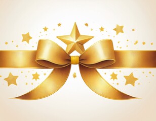 watercolor golden ribbon with star on white background