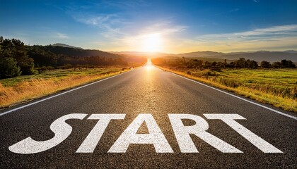 inspirational journey concept with start text on an open road asphalt surface