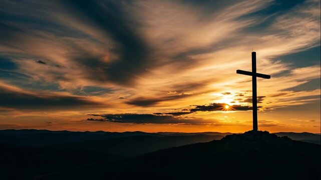 Christian cross silhouette against vibrant sunset sky, capturing the radiant sun's rays illuminating landscape. jesus easter resurrection concept. Good Friday. Religion, Bible, Christianity and faith