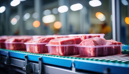 colorful plastic boxes with raw meat on conveyor belt in modern factory with bokeh lights