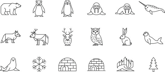 A large collection of arctic animals and nature icons in line art style for cold themes © Simu Store