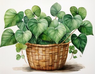 watercolor plant with heart shaped leaves in woven pot on white background