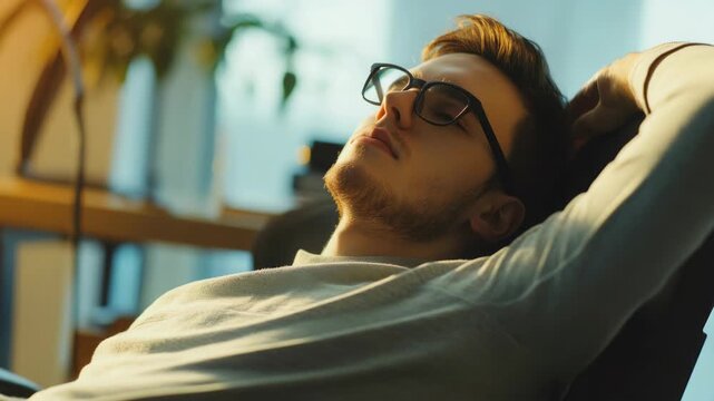 Close-up of a young adult male with facial hair, wearing eyeglasses, and seemingly in a relaxed state with his head leaning on one hand.