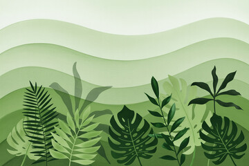 Gradient green wavy background with layered tropical leaves