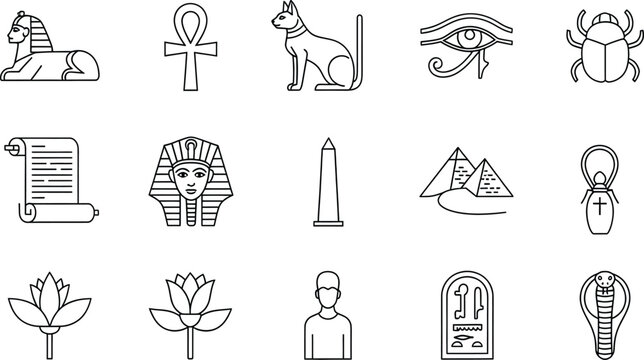 Ancient egyptian symbols and landmarks icon set in minimalist line art style