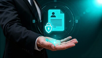 A conceptual image representing digital document management and data security, showing human hands holding a glowing virtual interface with icons.