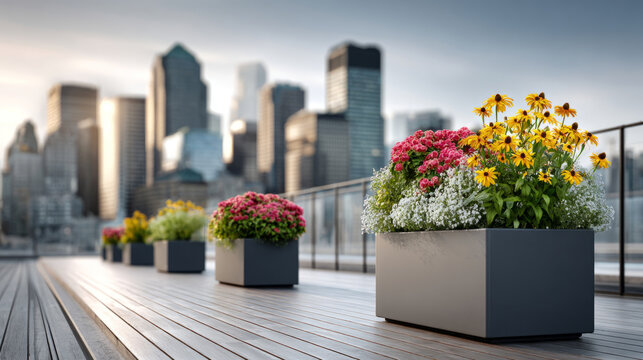 Colorful flower pots sit on a wooden deck with a city skyline in the background at sunset