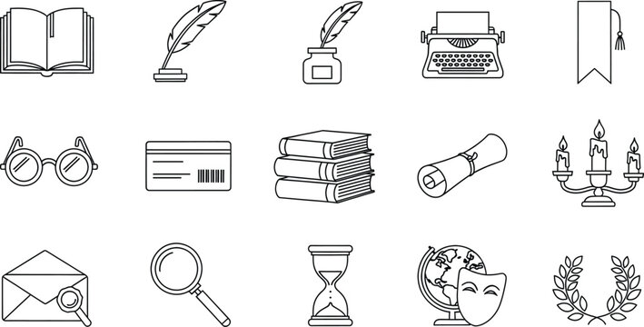A set of detailed line art icons related to learning, literature, and history