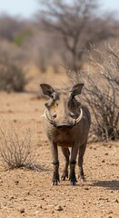 Fototapeta premium A sturdy warthog stands alertly in the dry, sun-drenched savanna, showcasing its large curved tusks and distinctive facial warts ,face ,standing ,snout