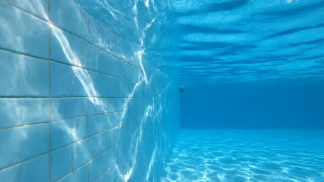 Underwater view of a swimming pool wall with sunlight reflections on tiles and water surface
