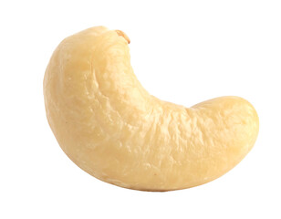 A single, isolated cashew nut against a black background, showing its pale ivory color