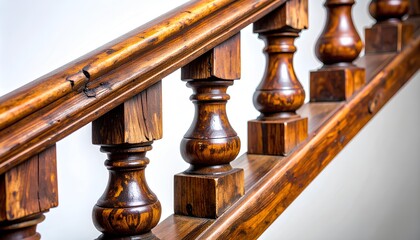 Antique wooden staircase banister with carved balusters showing wear and texture