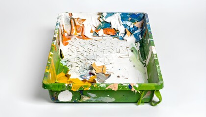 Dirty green plastic paint tray with dried peeling paint