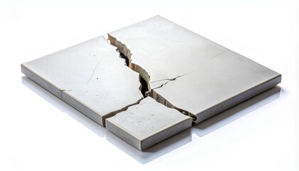 Cracked gray ceramic floor tile broken in half on white background