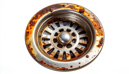 Rusted stainless steel kitchen sink drain hole showing corrosion and dirt