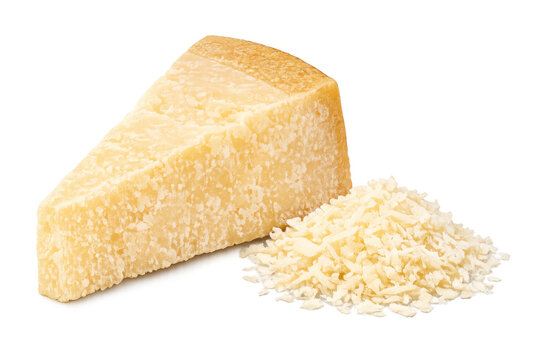 Parmesan cheese wedge and grated parmigiano reggiano on transparent background, dairy product, italian cuisine ingredient
