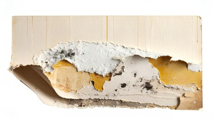 Torn vintage cardboard sheet revealing inner layers and black mold stains