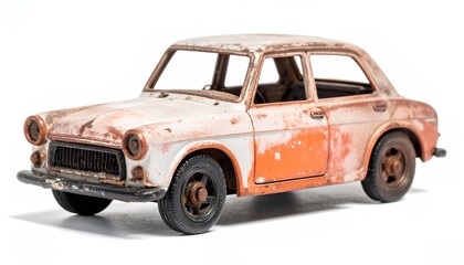 Heavily rusted white toy car replica illustrating decay and abandonment