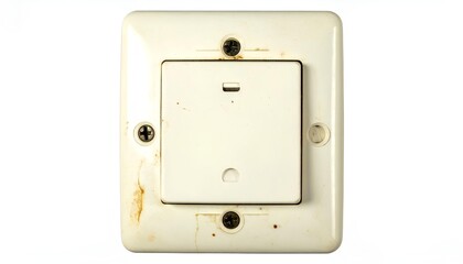 Old stained electrical light switch plate isolated on white background