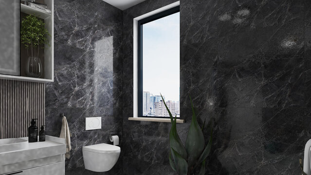 Luxury modern bathroom interior set with dark marble walls walk-in shower and illuminated mirror mockup