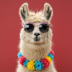 Obraz premium Cute fluffy llama wearing stylish novelty sunglasses and a colorful floral garland. Celebrating the warmth and fun of the sunny summer season ,fun ,relaxation ,colorful