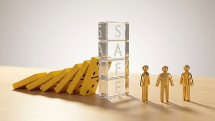 Yellow domino blocks falling towards a transparent block tower spelling safety with golden figures nearby