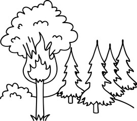 Fototapeta premium Tree on fire in forest with pine trees and bush background nature wildfire illustration