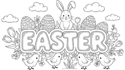 Easter Coloring Page with Bunny, Chicks, Eggs, Flowers and Clouds eps 10
