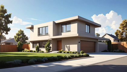 Modern beige stucco house with clean lines, large windows, and a wooden garage door, set in a lush green lawn with manicured shrubs under a blue sky with clouds.