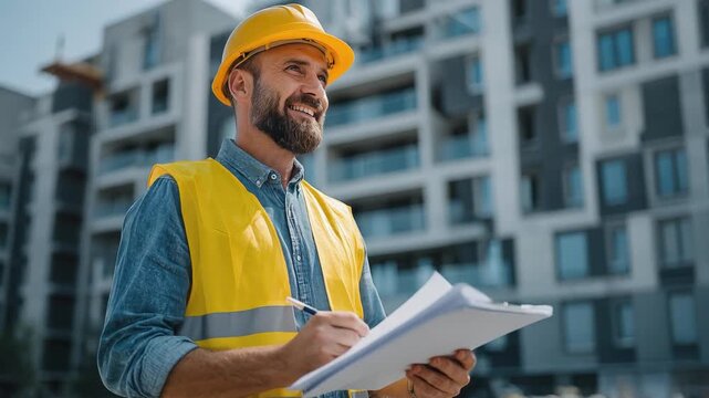 A construction worker reviewing plans at a building site.