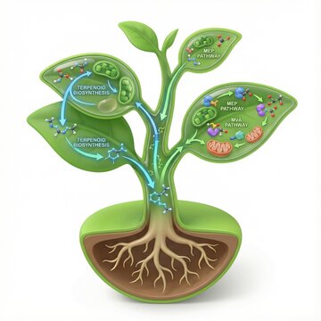An illustration of a plant showing terpenoid biosynthesis pathways, including MEP and MVA pathways, with molecular structures, chloroplasts, mitochondria, leaves, stem, and root sysstem.