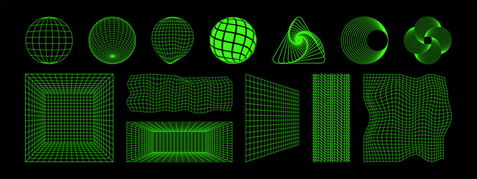 Set of different green laser wireframes isolated on black background. Neon futuristick, cyberpunk or techno grids. Sphere, spirograph and room surfaces with meshed texture. Vector illustration