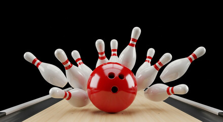 A dynamic illustration depicts a bowling ball striking and scattering bowling pins