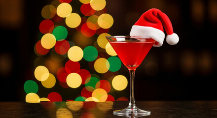 A festive cocktail in a martini glass is the central subject, positioned in the middle of the frame