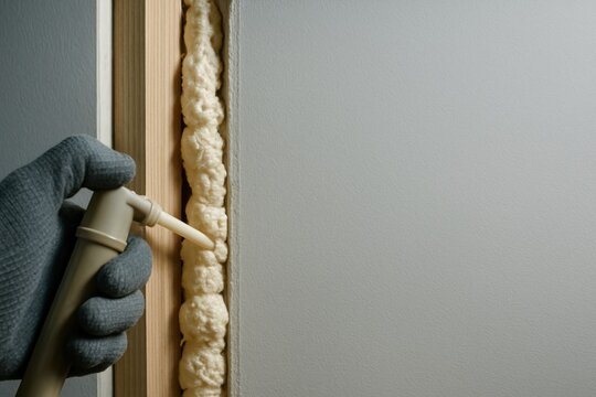 Close-up construction detail showing a gloved hand precisely applying expanding polyurethane foam insulation into a narrow wall cavity, highlighting energy efficiency, airtight sealing