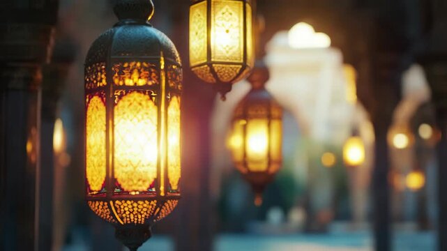 The captures a charming street scene at dusk, with numerous lanterns casting a warm glow on the surroundings. The architecture and the ambiance suggest an Eastern setting