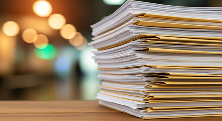 A stack of papers and manila file folders rests on a wooden surface, positioned slightly to the right of the frame_s center