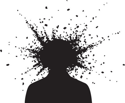 Human head exploding into small fragments vector silhouette illustration concept
