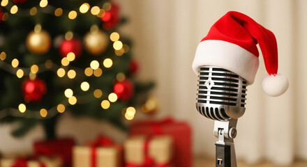 An antique, silver microphone, the central focus, is adorned with a red Santa hat with a white trim and a white pom-pom
