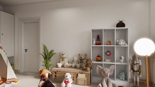 Modern nursery and kids playroom interior design with wooden crib toys teepee tent and city view 3D rendering