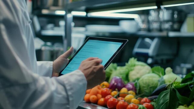 A chef is using a tablet PC with an app open on the screen. The device seems to be connected to some sort of data processing or recipe management system.