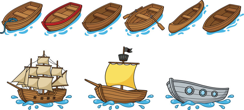 Set of Cartoon Wooden Boats and Sailing Ships Collection Including Rowboats Canoes and Large Sailboats with Blue Water Splashes Isolated on White Background for Nautical Design
