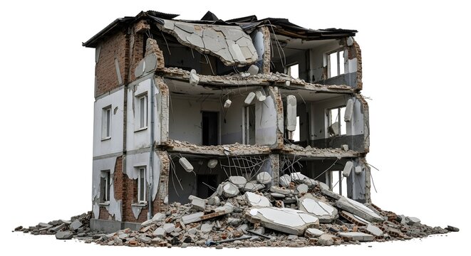 Collapsed three story brick building with exposed interiors and rubble pile at base collapsed building