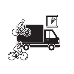 Black and white line of two cyclists delivering pizza from a van with a pizza box sign line cyclists